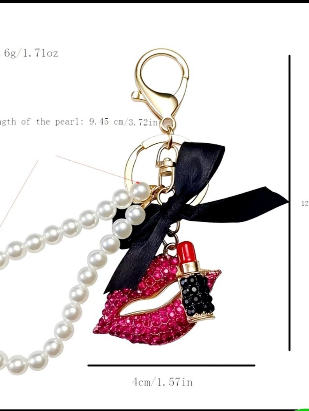 Lip & Lipstick Pearl Keychain Bag Charm with Black Bow - Picture 4 of 7